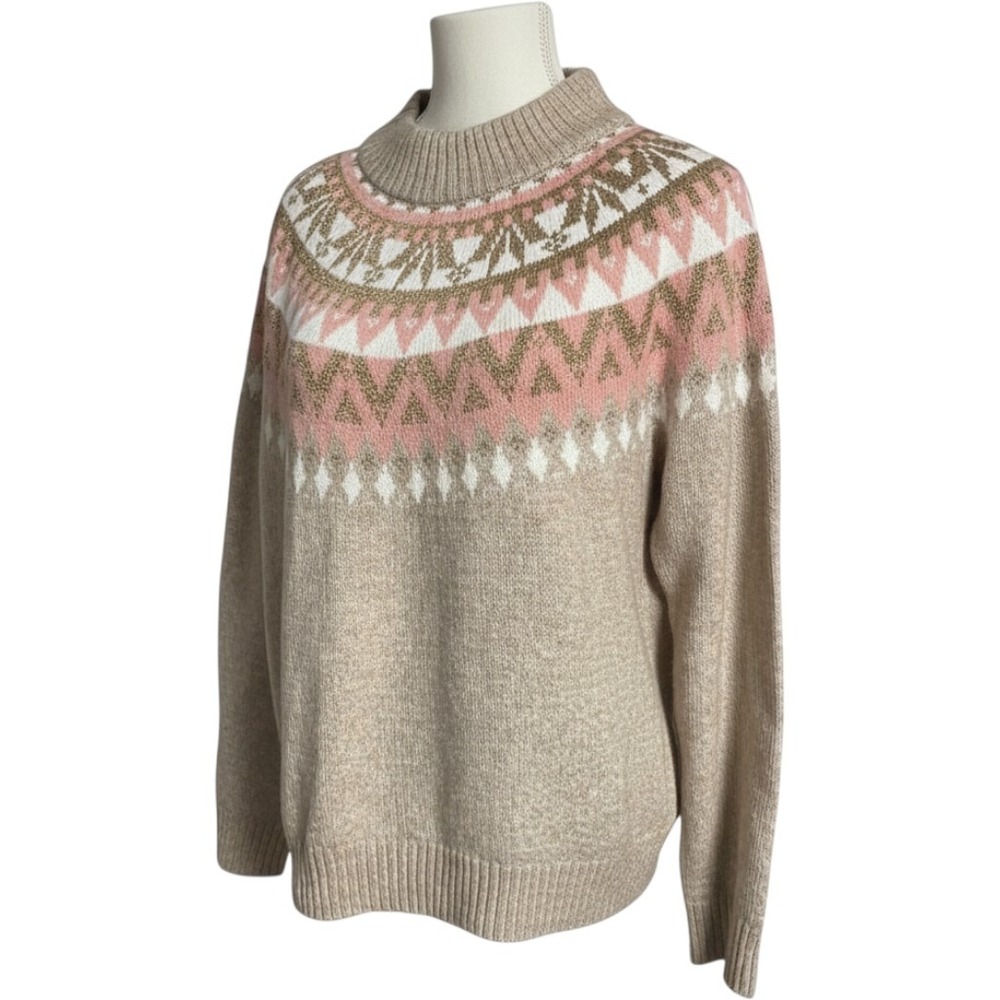 Tommy Hilfiger Cozy Fair Isle Tan Pink Crewneck Knit Sweater Women's XL